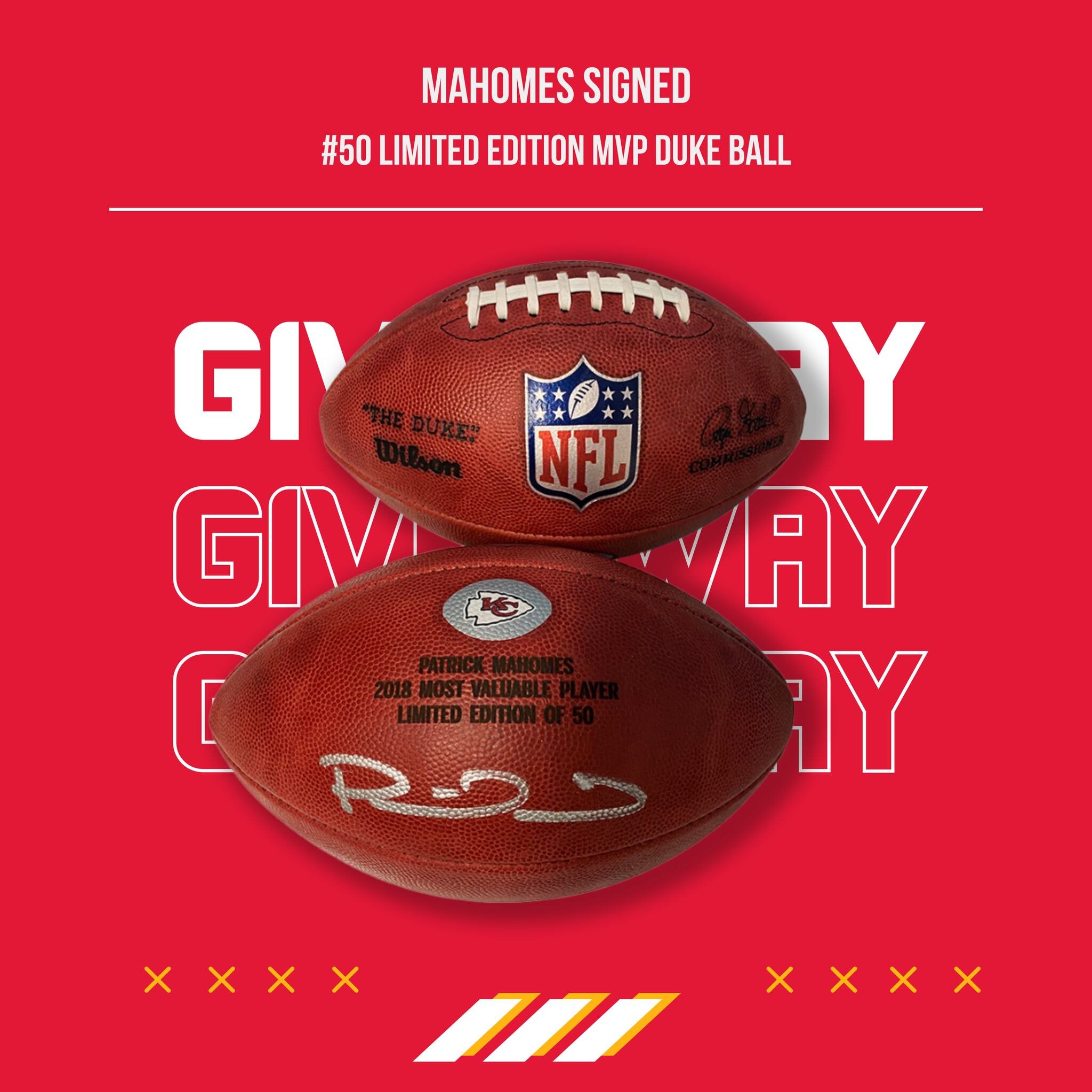 🔥 Calling all members of #ChiefsKingdom! 🔥

🏈LAST CHANCE TO WIN and claim the ultimate prize: the exclusive MAHOMES ✍️ #50 Limited Edition MVP Duke Ball! 

📲 Dive deep into the excitement via the Chiefs Team App ➡️ CHIEFS BIDS ➡️ FILTER ➡️ GIVEAW