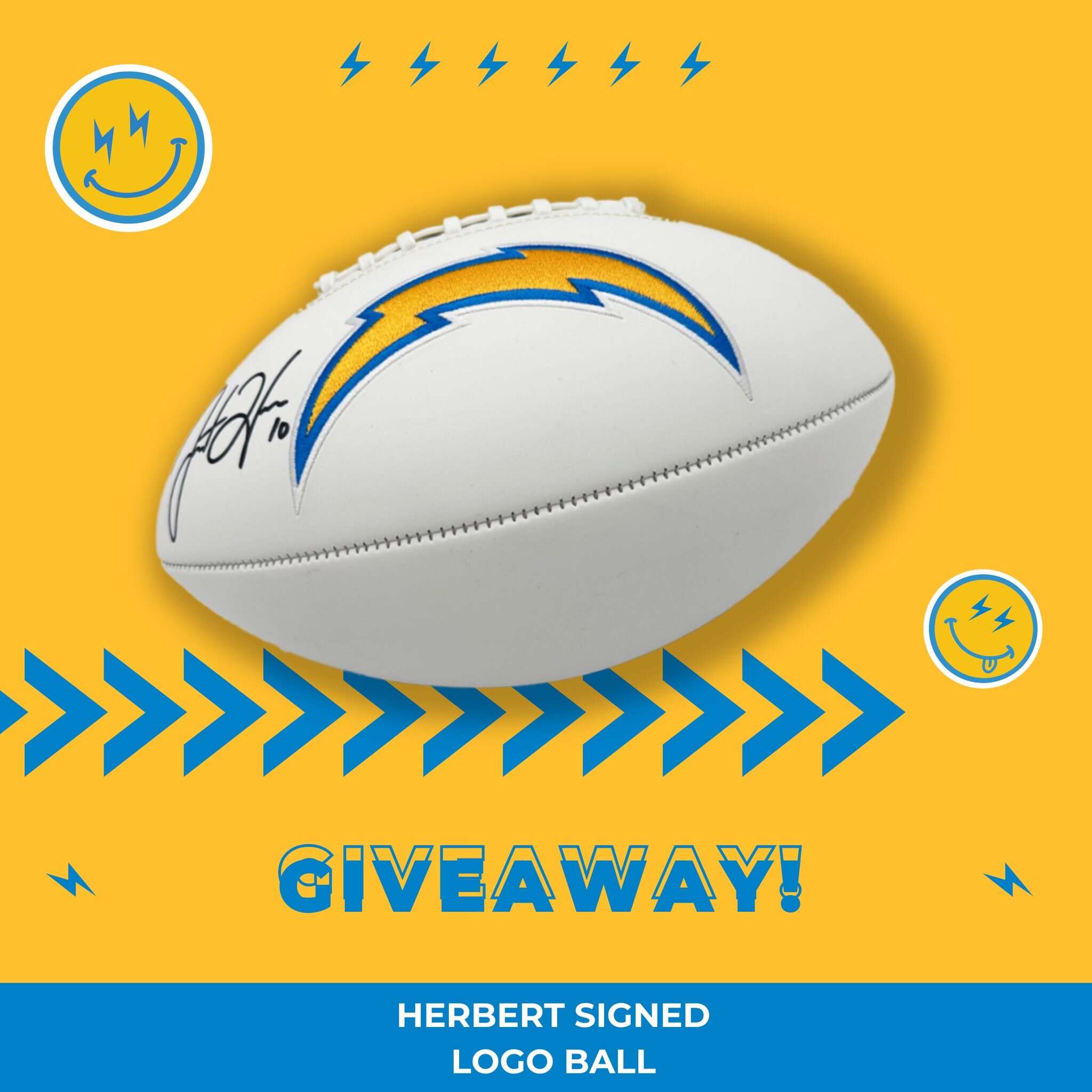 ⚡️LAST CHANGE to WIN this exclusive HERBERT ✍️ Logo Ball giveaway! ⚡️

🏈 Don't miss your chance to add a piece of Chargers history to your collection! Enter now through the CHARGERS⚡️ team mobile app ➡️ Bolts Bids ➡️ Filter ➡️ Giveaways, or visit ch