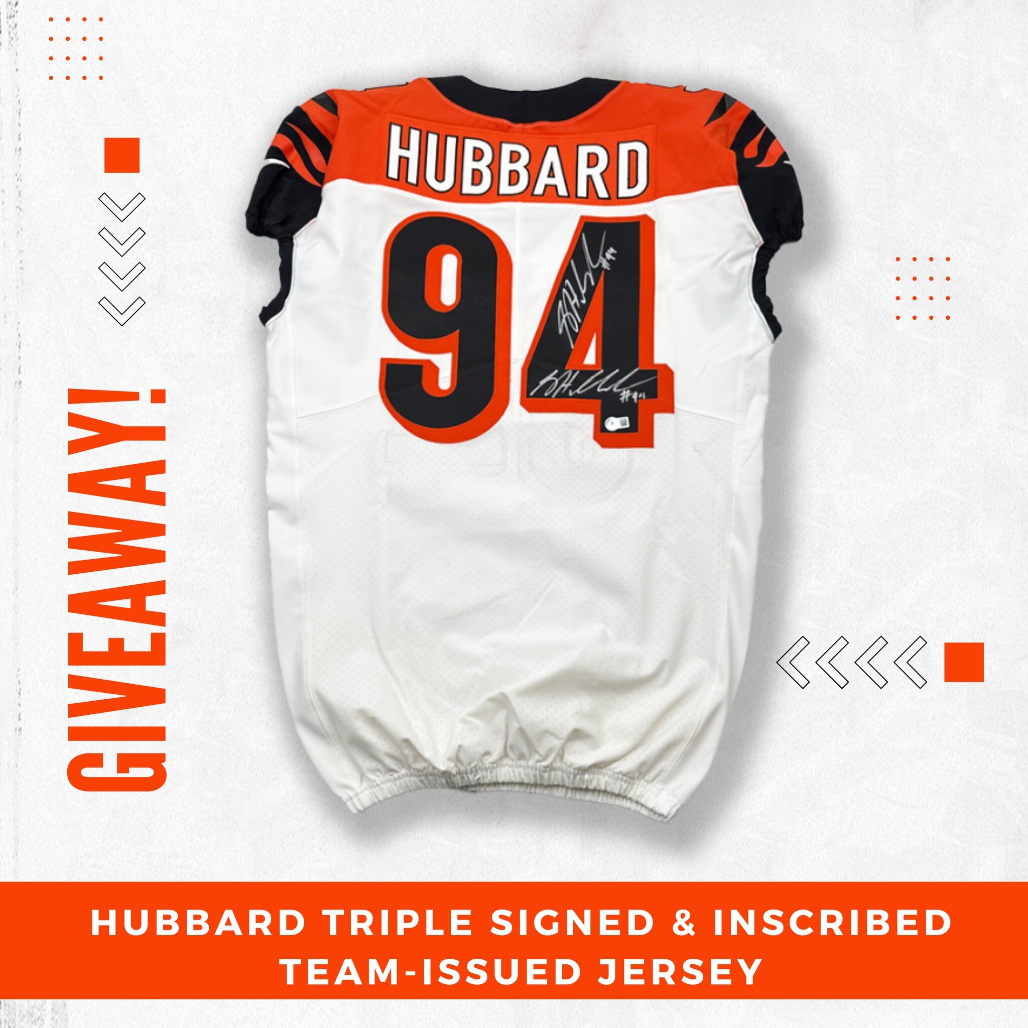 🐅 #WhoDey Alert! 🐅

🏈 Calling all Bengals fans! Your moment to win big has arrived with our #94 Hubbard TRIPLE SIGNED &amp; Inscribed White Team-Issued Jersey giveaway! 🎉 Don't let this exclusive opportunity slip away!

📲 Enter NOW through the B