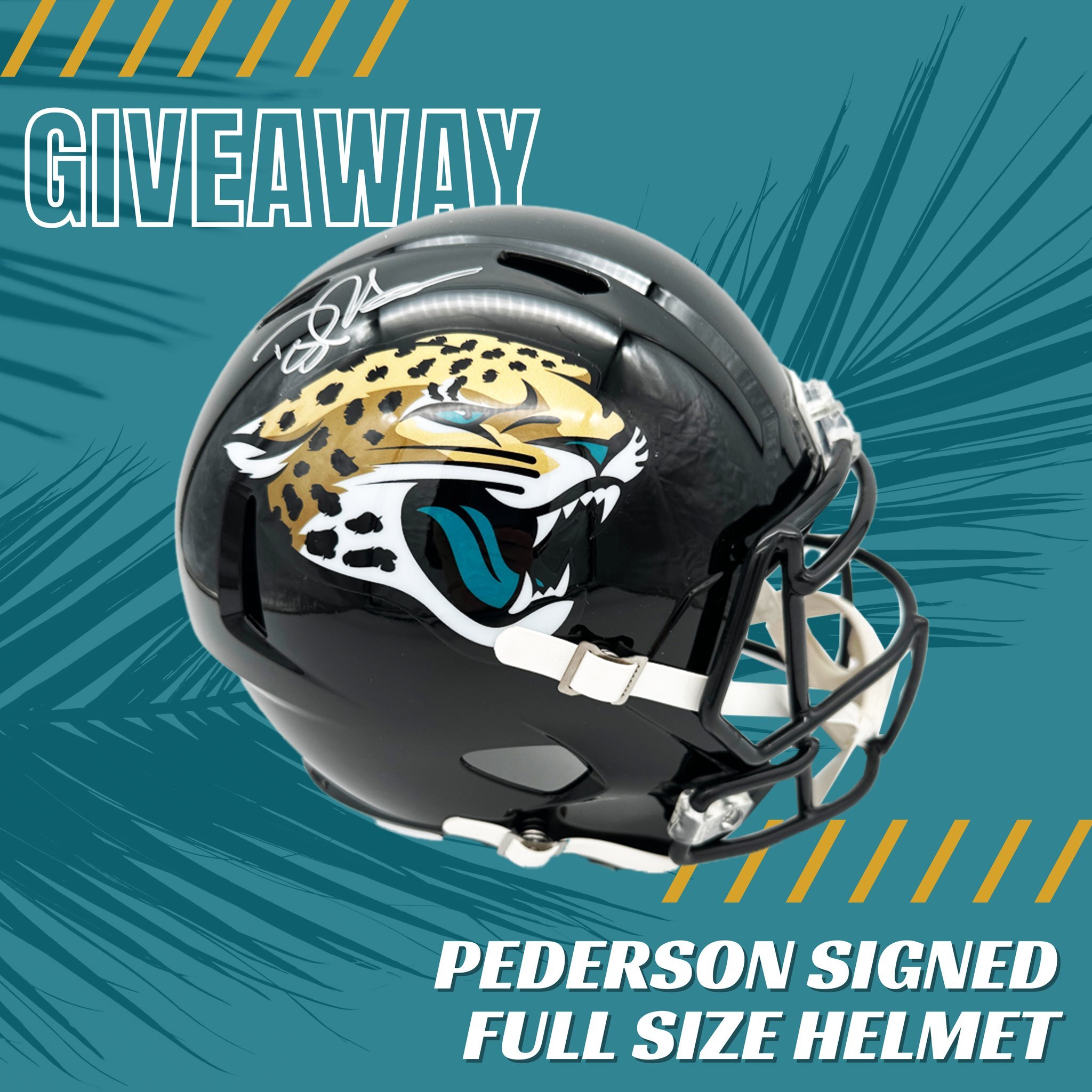 🔥 Attention all #Duuuuval Fans! 🔥

🏈 Gear up to win an exclusive Pederson✍️ Full Size Helmet! 🐆 Don't miss this chance to score big this weekend!

🎁 Head over to the Jaguars Team App ➡️ Jags Bids ➡️ Filter ➡️ Giveaways, or visit jaguars.com/jags