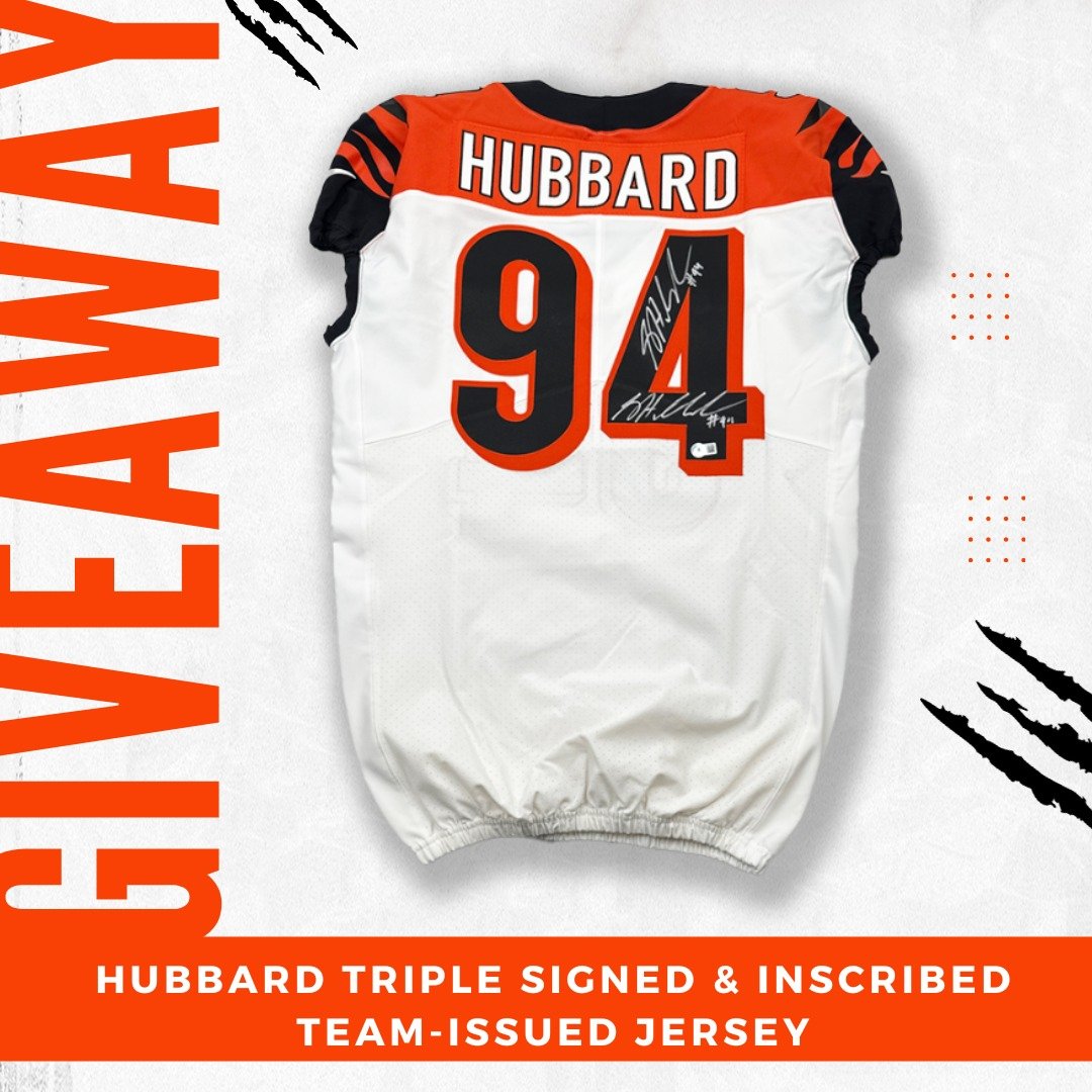 🐅 Attention #WhoDey faithful! 🐅

🏈 Bengals fans, get ready to win big with our #94 Hubbard TRIPLE SIGNED &amp; Inscribed White Team-Issued Jersey giveaway! 🎉 Don't miss out on this exclusive opportunity!

📲 Enter NOW through the Bengals Team App