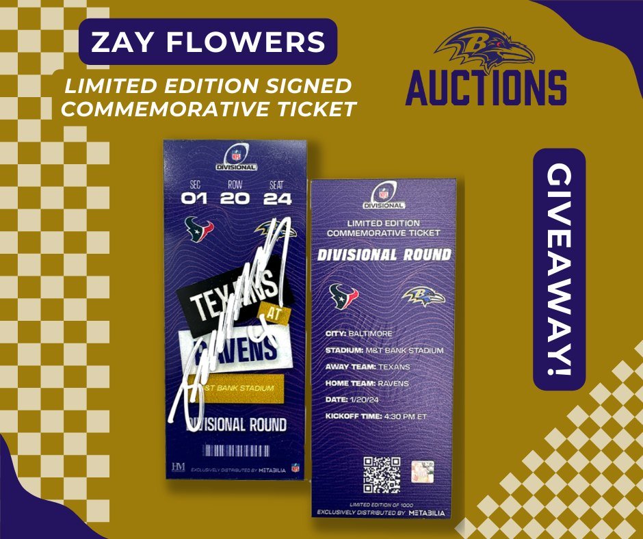 🖤🦅 Calling all Ravens Fans! 🦅🖤

🏈 Don't miss out on the chance to secure your claim to this exclusive FLOWERS ✍️ Limited Edition Commemorative Ticket with Rookie Signature! The time for our giveaway has arrived, and your winning moment is within