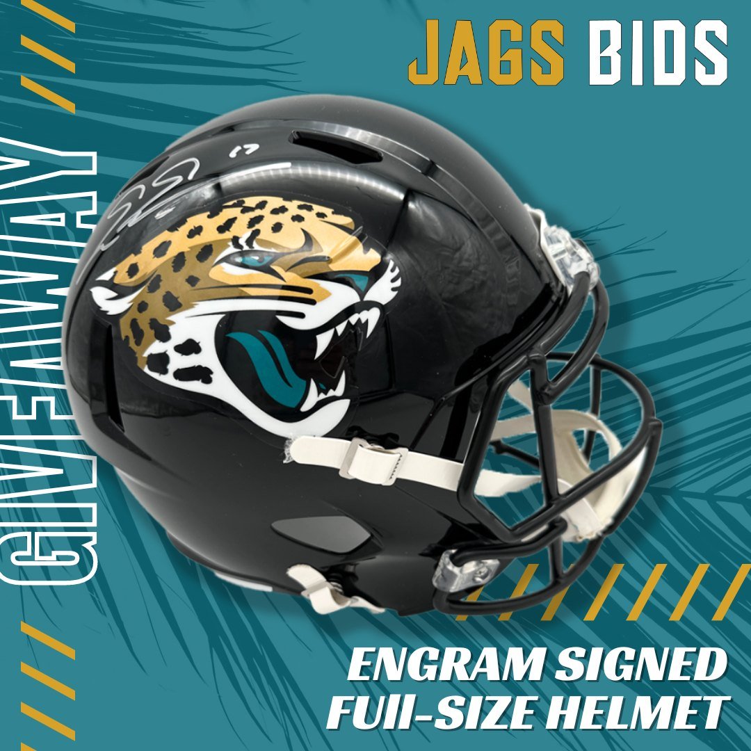 🔥 Calling all #Duuuuval Fans! 🔥

🏈 Prepare to elevate your game with an exclusive ENGRAM ✍️ Full-Size Helmet giveaway! 🐆 Don't miss out on your chance to score big this weekend!

🎁 Head over to the Jaguars Team App ➡️ Jags Bids ➡️ Filter ➡️ Give