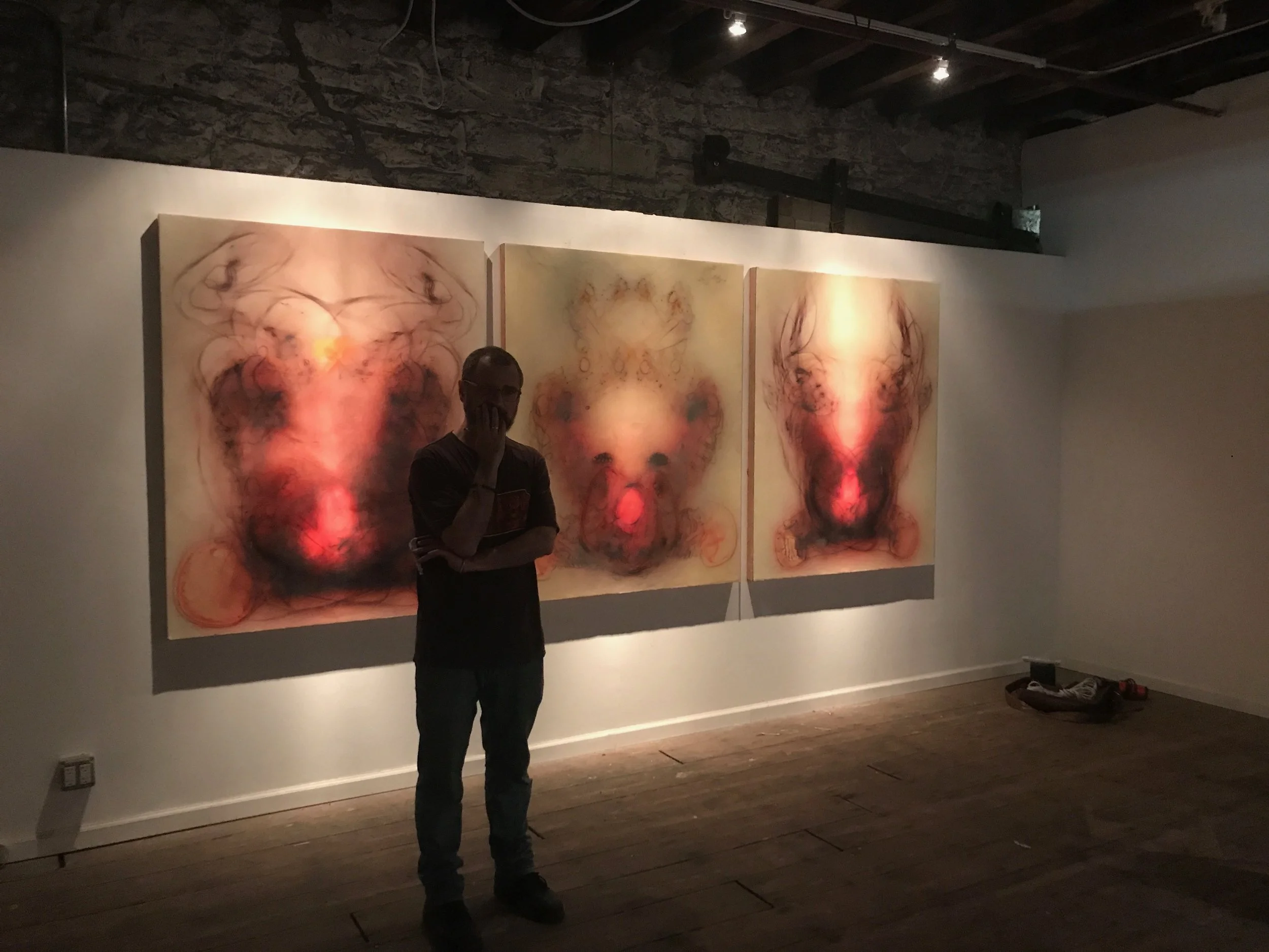 Installation-in-progress photo of "Embodied" two person exhibition with Laurent Fort. Curated by Megan Suttles
