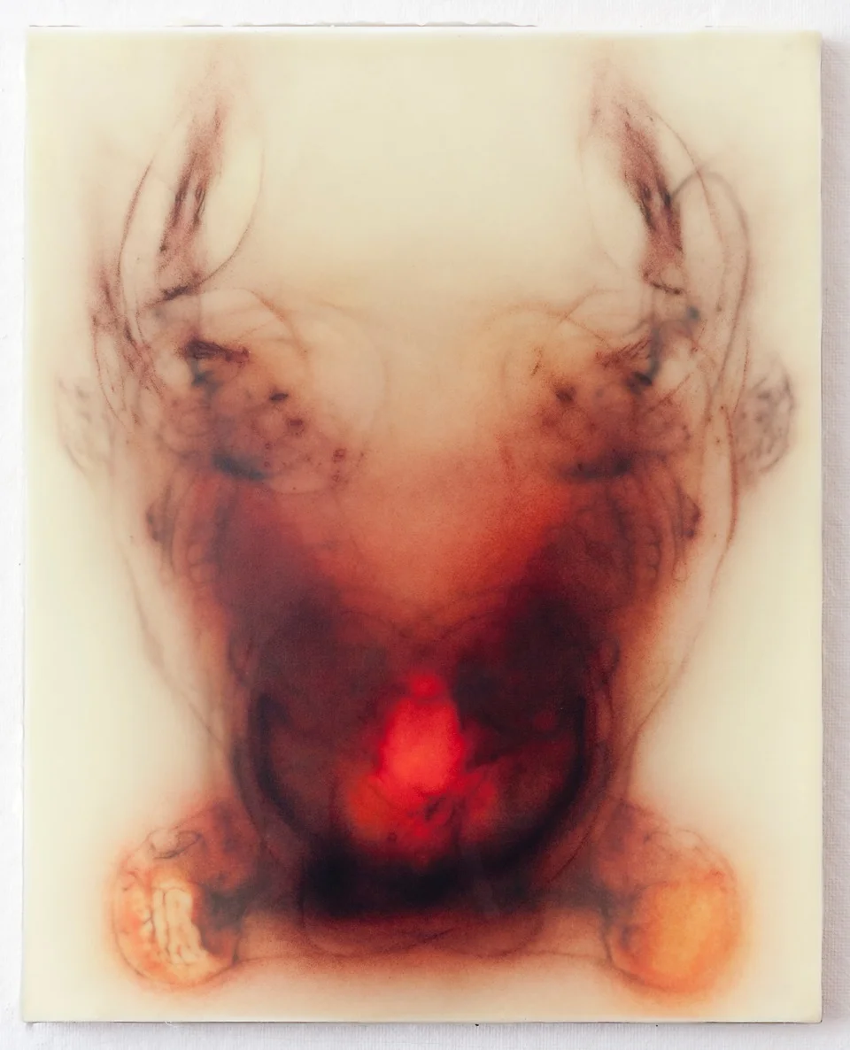 Every Angel Is Terror, 2014 silk and encaustic on panel, 60 x 48 in.