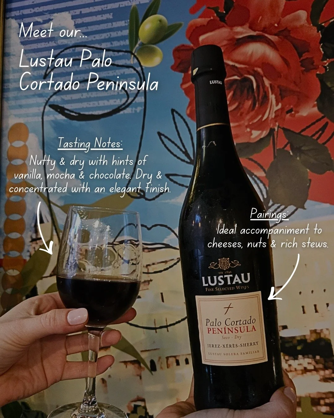 Say hola to Lustau Palo Cortado Pen&iacute;nsula🍷

A nutty and dry sherry with hints of vanilla, mocha and dark chocolate. It's dry and concentrated with a long, elegant finish🤌

Enjoy it with some of our favourite dishes and see why it&rsquo;s one