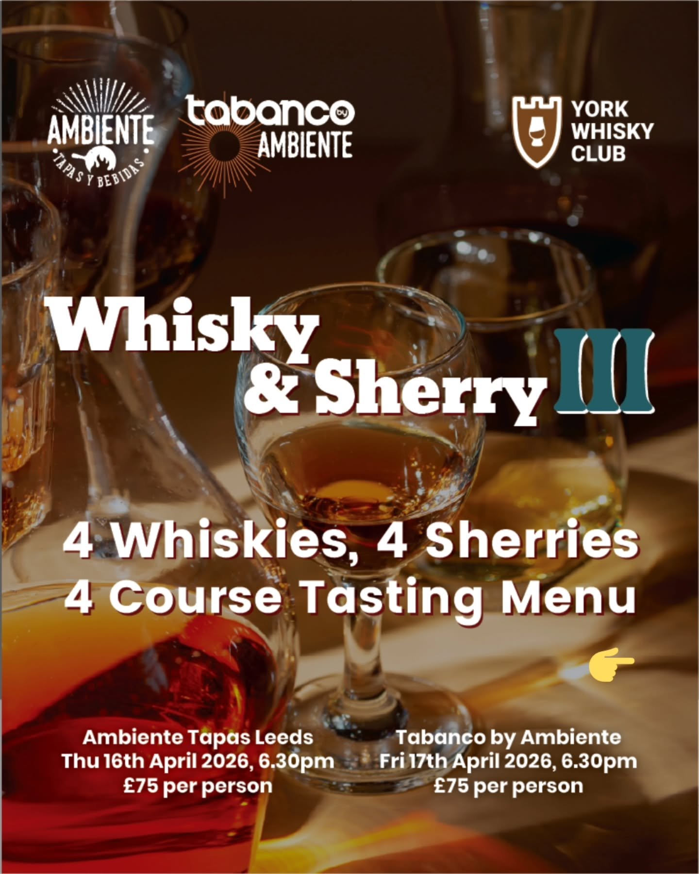 WHISKY X SHERRY III 🥃🍷 

A dram good night of whisky &amp; Sherry returns! 

Jasper &amp; Jim from @yorkwhiskyclub and Rob, Sherry Crusader @ambientetapas , are returning for their third night of Whisky &amp; Sherry! 

This time, we're not only bri