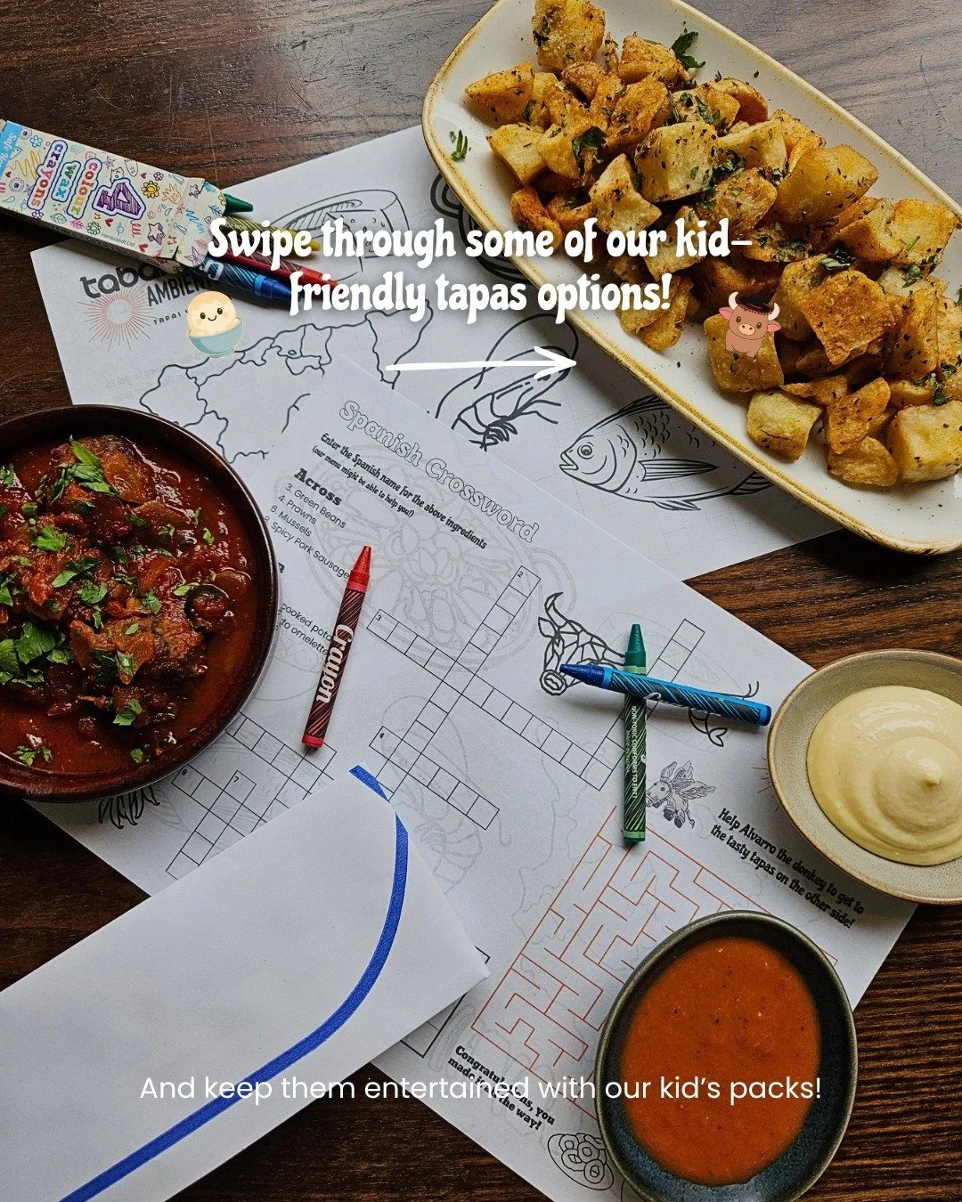 Out with the kids? Treat them to the good stuff 🥘

Our menu is packed with kid-friendly dishes and our kid's pack will keep them entertained while you indulge in some tapas too 😉

Save this for your next family meal out 🧡

#familyfriendly #kidfrie