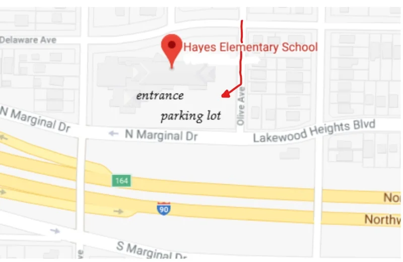 The entrance from the parking lot is from the North off of Olive Ave. The address is 16401 Delaware Ave., Lakewood, Ohio 44107.