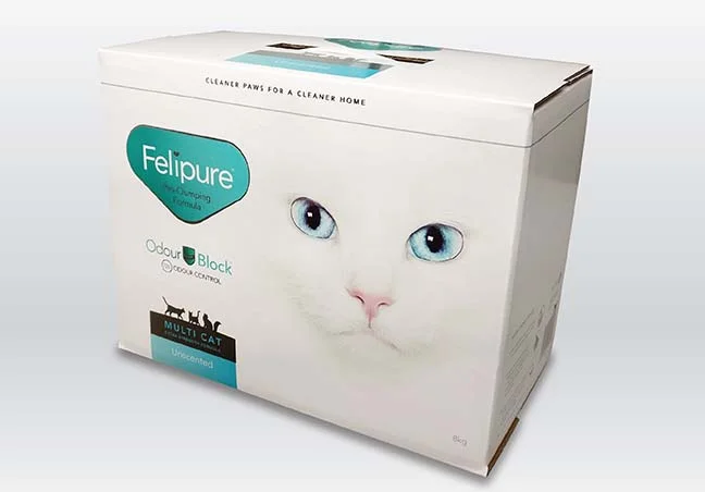 SILVER WINNER Brand Name: 8kg Felipure Unscented Cat Litter Brand Owner: Versa Pet - Felipure Brand Kitty Litter Entering Company: Cascades Containerboard Packaging - Lithotech Division Structural Designer: Cascades Containerboard Packaging - Lithotech Division Pre-press/Printer: Cascades Containerboard Packaging - Lithotech Division