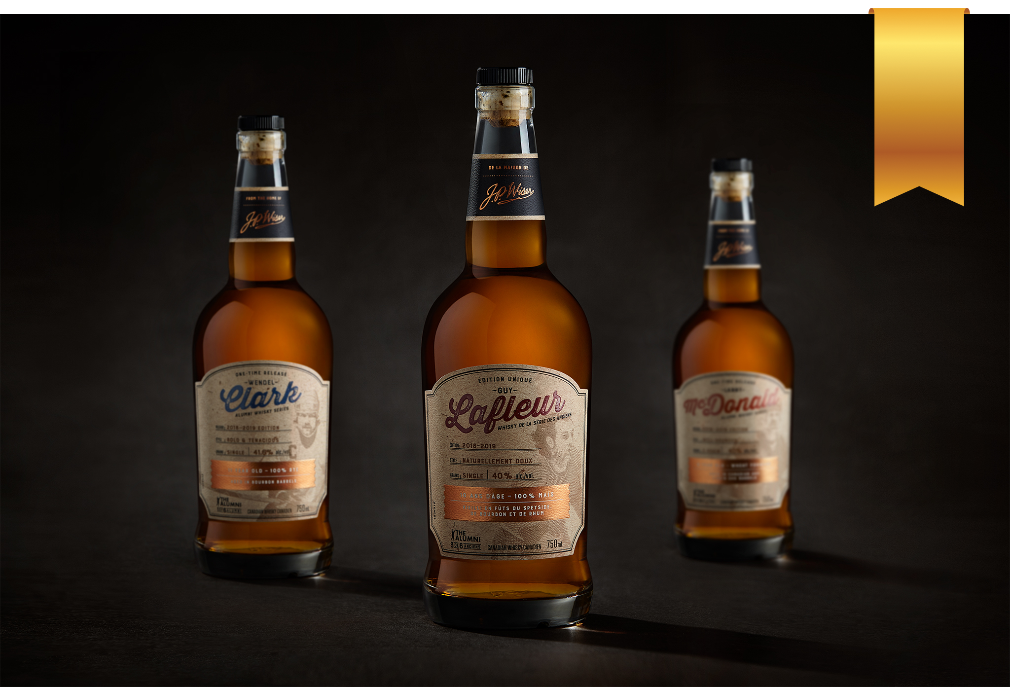 Brand Name: J.P. Wiser’s Alumni Whisky Series Brand Owner: Corby Spirit and Wine Limited Entering Company: Pigeon Brands Brand Agency/Graphic Designer: Pigeon Brands Pre-Press/Structural Designer: Owens-Illinois - Stock Bottle Package Converter/Printer/Raw Materials: Ingenious Packaging Group