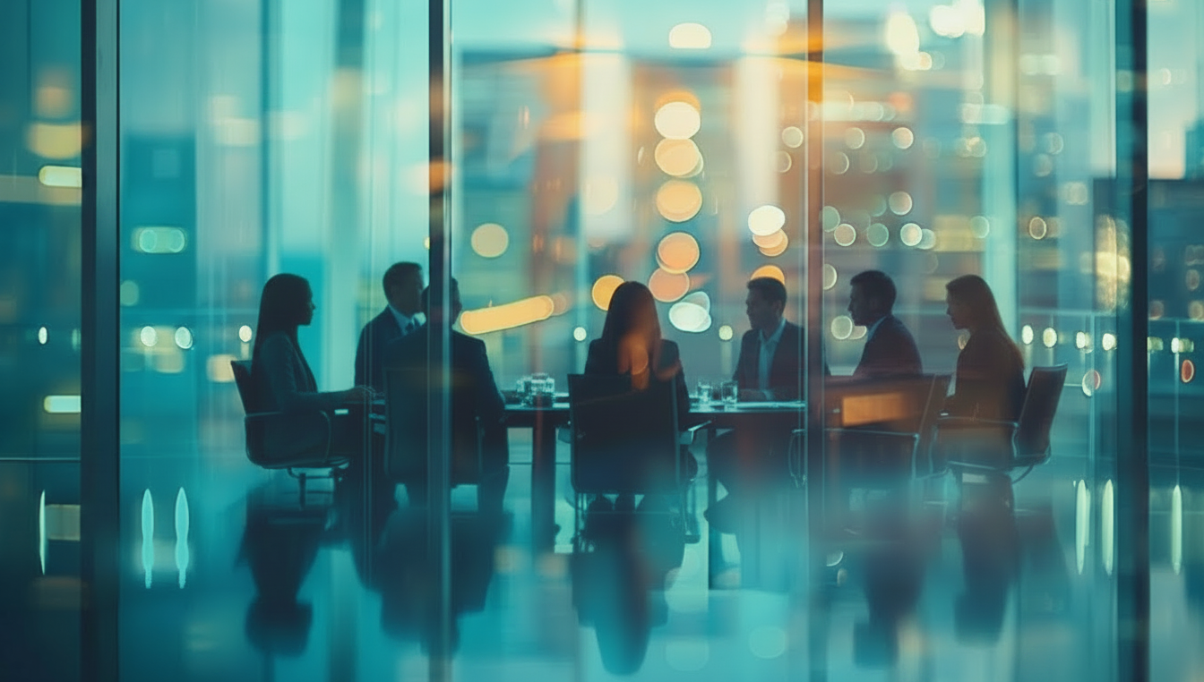 Silhouettes of six people sitting around a conference table in a modern office with glass walls and city lights visible outside.