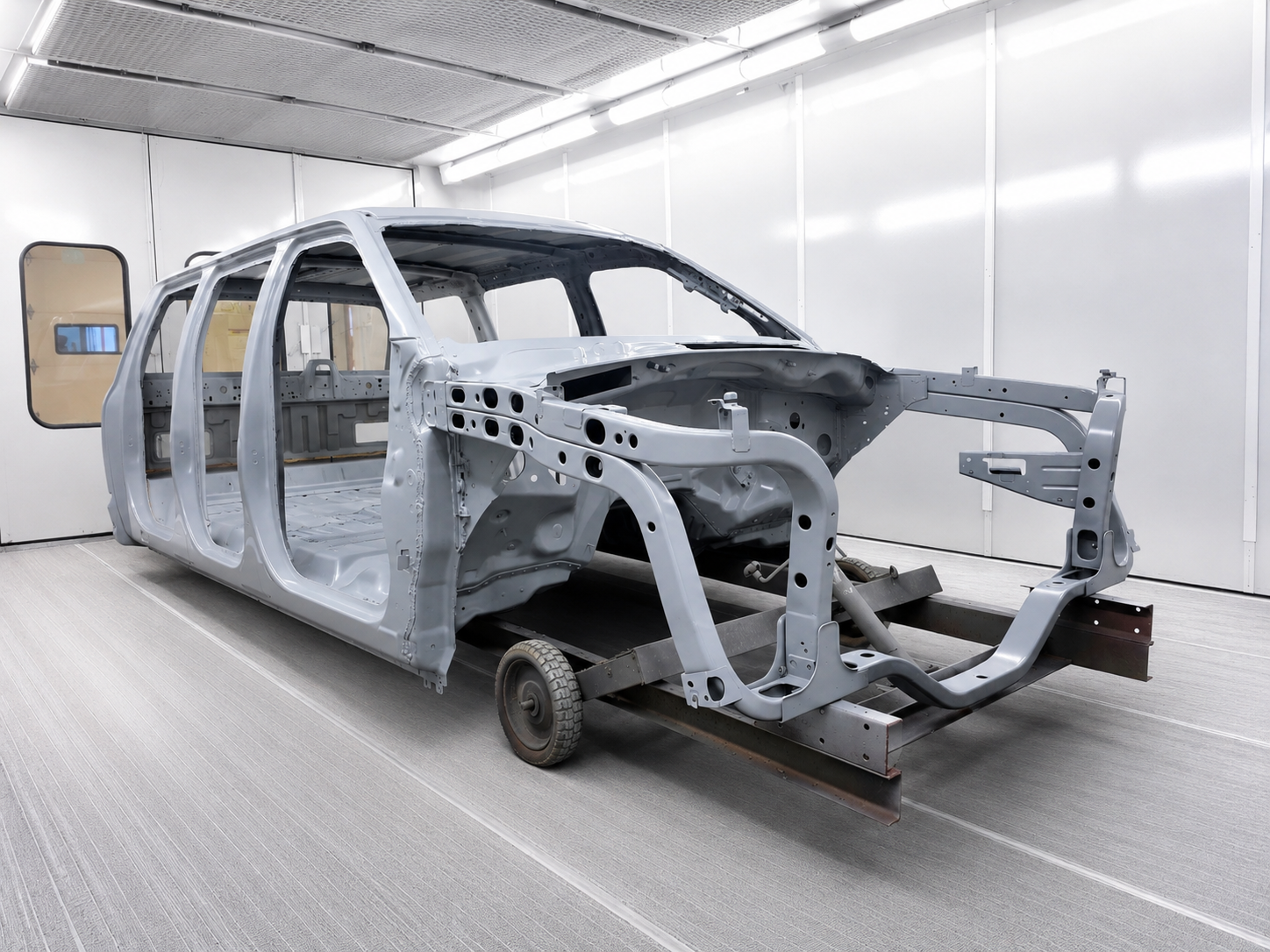 King Series 6-door truck cab kit body shell in primer during manufacturing and assembly process
