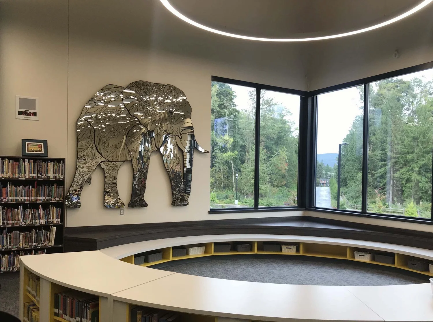 Installed at Harriet Rowley Elementary School Library 2021, Mount Vernon WA  Mirror Mosaic, 9’ x 8’ (2018)  Permanent collection of ArtsWA