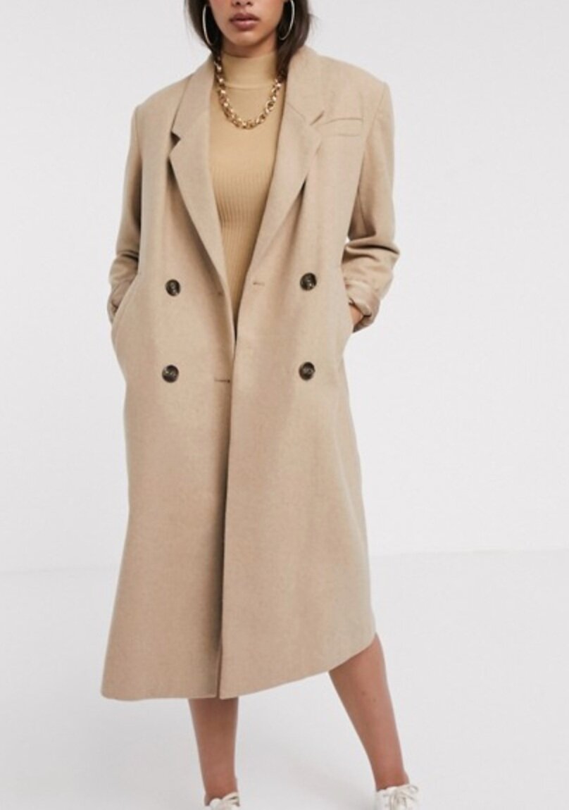 ASOS Design Double Breasted Longline Coat in Camel