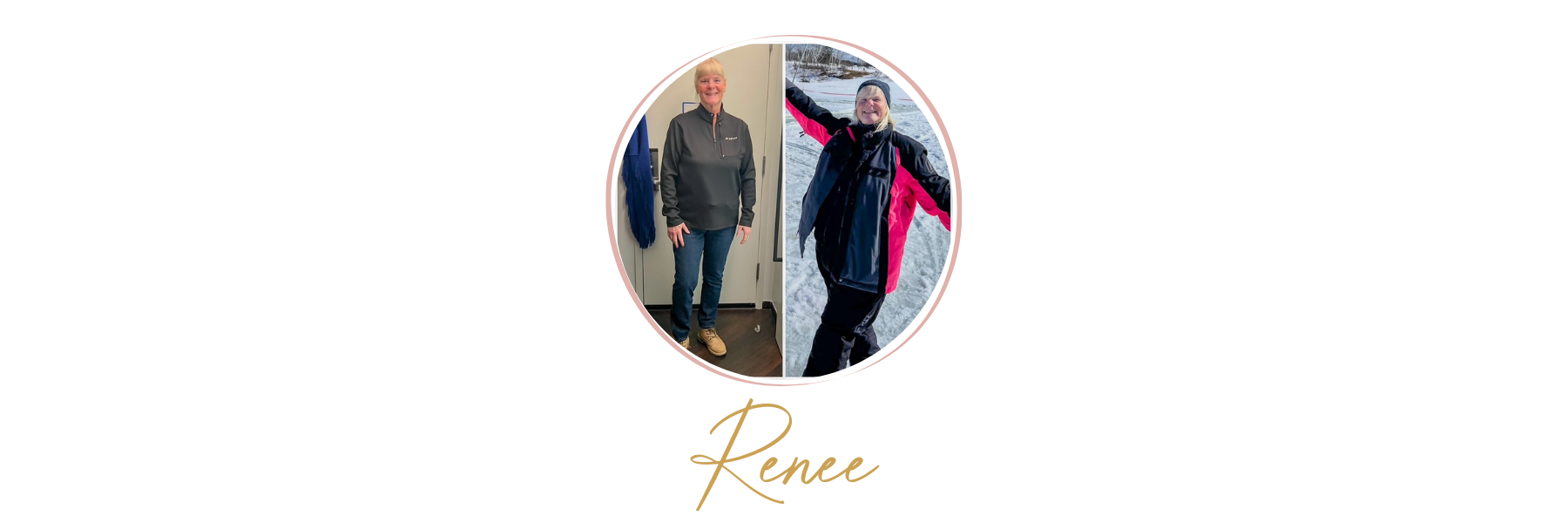 Side-by-side photos of a woman; on the left, she is indoors wearing a dark gray jacket and jeans, smiling; on the right, she is outdoors in winter, dressed in black and pink winter gear, smiling with arms outstretched.