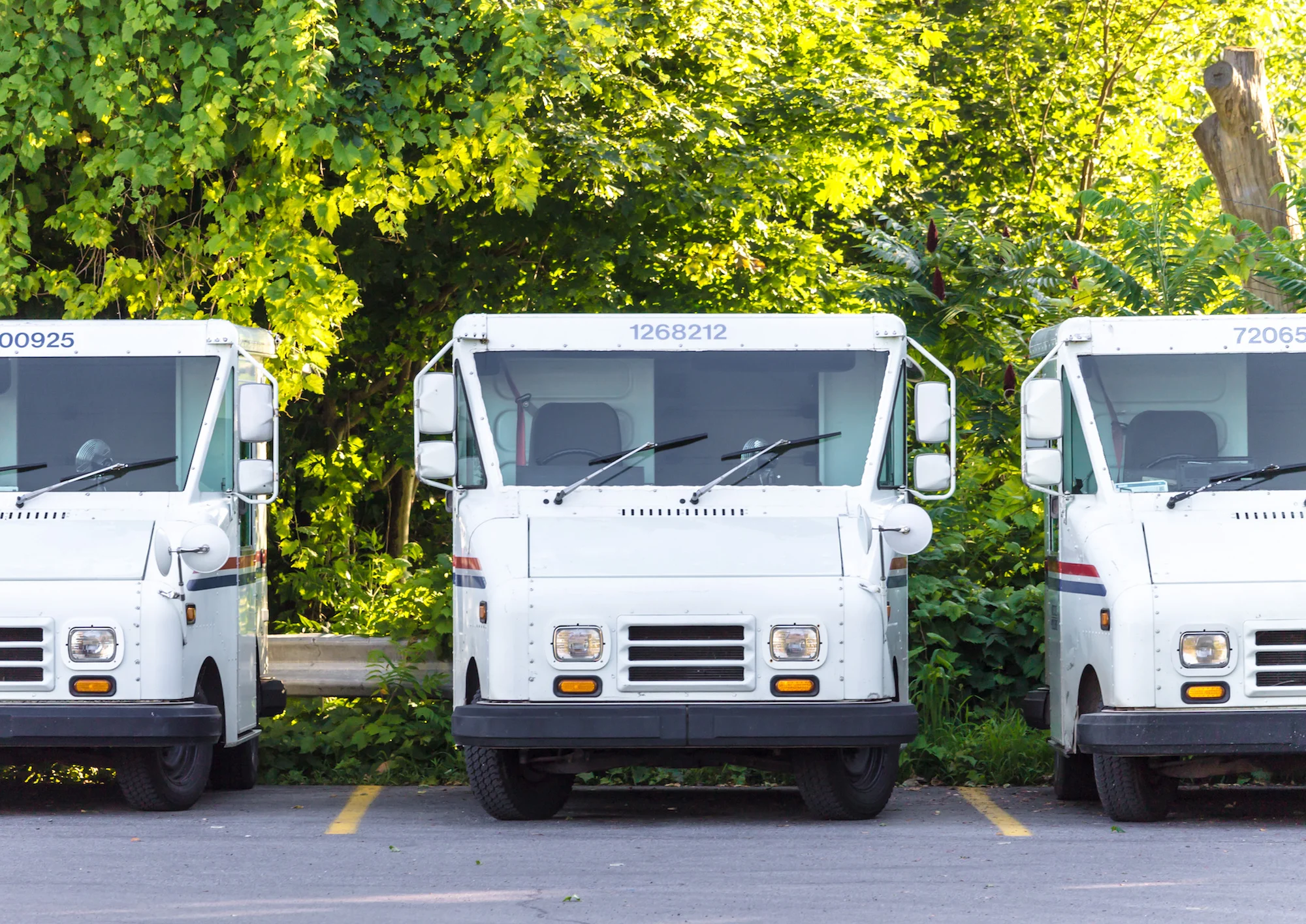 3 USPS Trucks lined up in front of trees - NH Postal.jpg