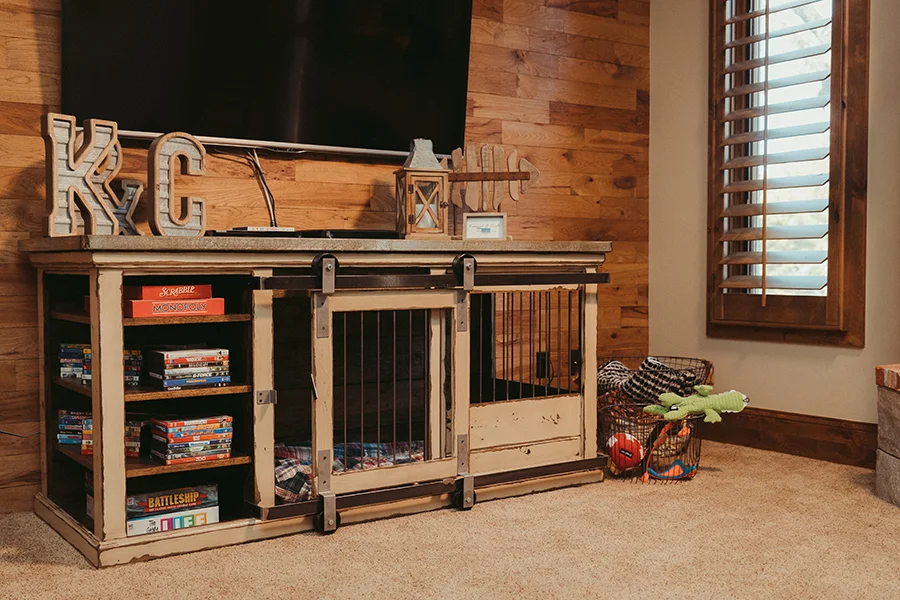 custom built dog kennel as a television stand