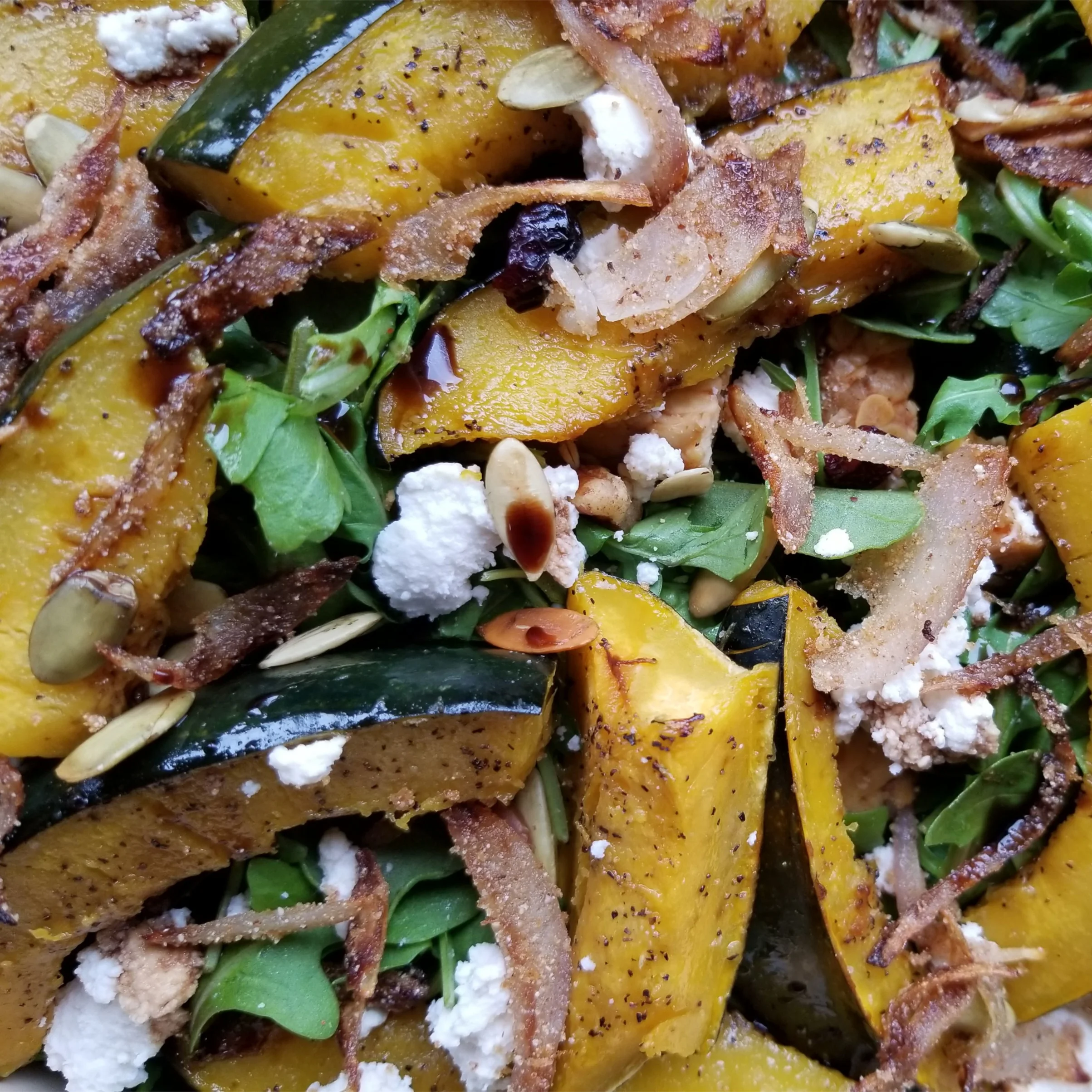 Roasted squash salad with crispy shallots and balsamic reduction (vegan)