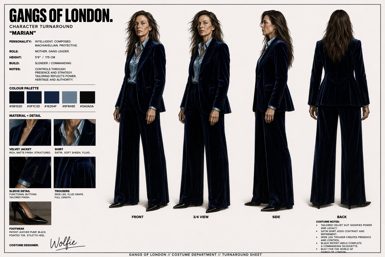 * Gangs Of London, TV Series, Costume design by David Wolfe  (AKA Wolfie). Michelle Fairley as Marian Wallace