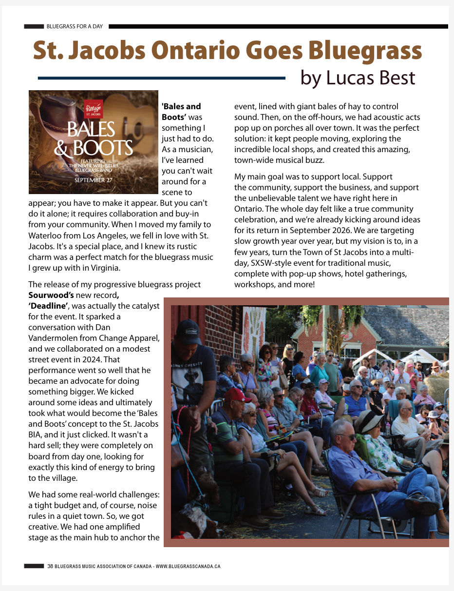 Photo of the newspaper article on the first ever Bales and Boots Bluegrass Bash