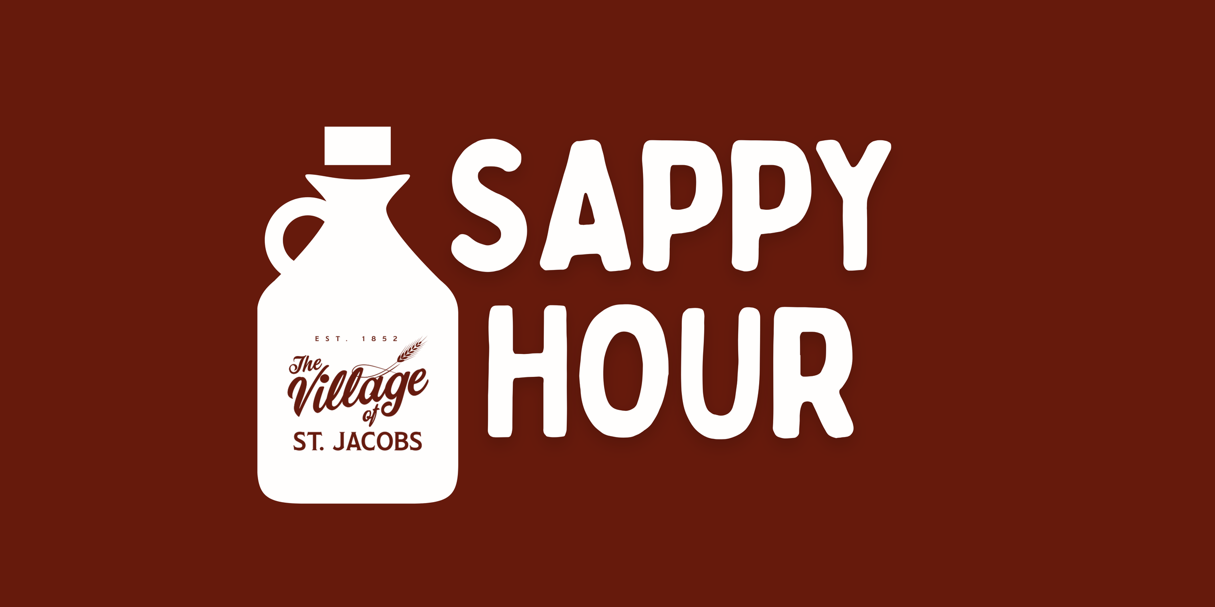 White jar with the text "The Village of St. Jacobi" and a wheat graphic, next to large white text that says "SAPPY HOUR" on a brown background.