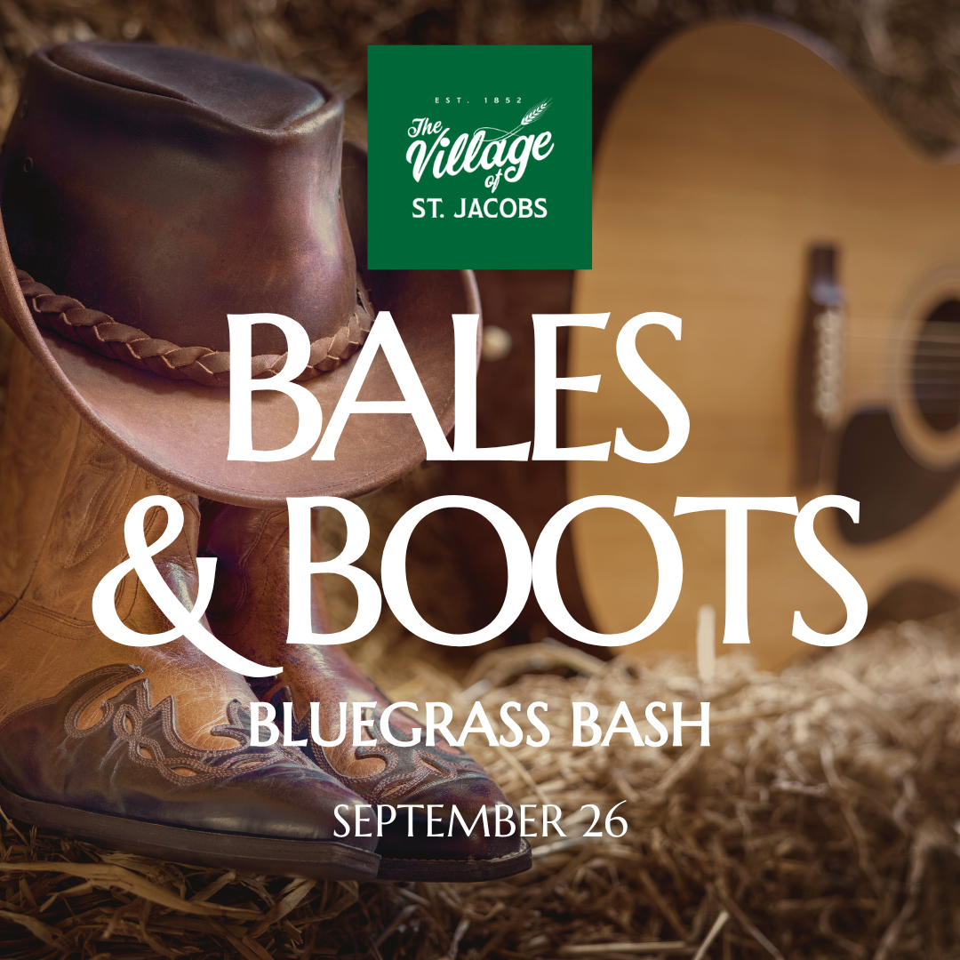 Cowboy boots, a cowboy hat, and an acoustic guitar with a green logo and text overlay for the Bales & Boots Bluegrass Bash event on September 26.
