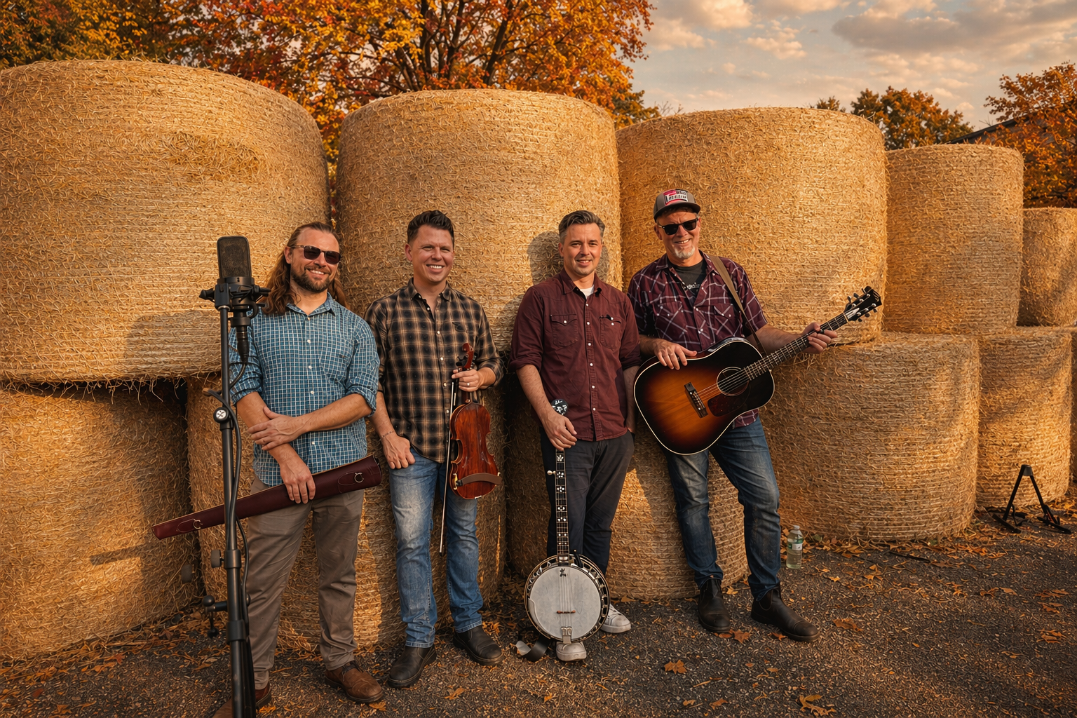 bluegrass musicians standing in front of hay bales