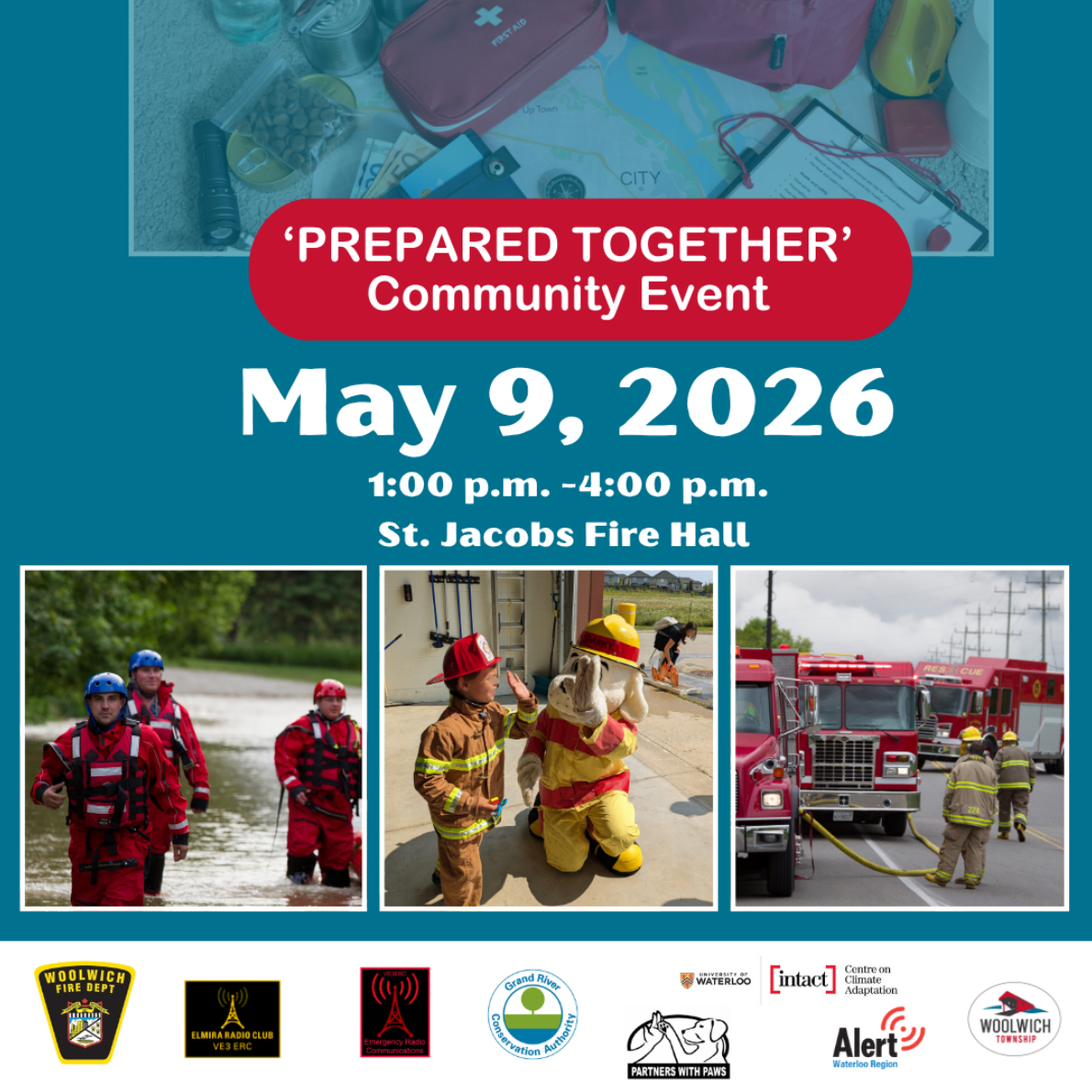 Flyer for the 'Prepared Together' community event on May 9, 2026, from 1:00 p.m. to 4:00 p.m. at St. Jacobs Fire Hall. The flyer features images of firefighters, emergency response activities, and community safety gear, with logos of local fire and e