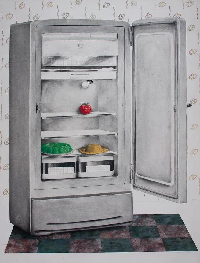 Good Housekeeping: Fridge Charcoal, pastel, collage, on paper 51" x 38"