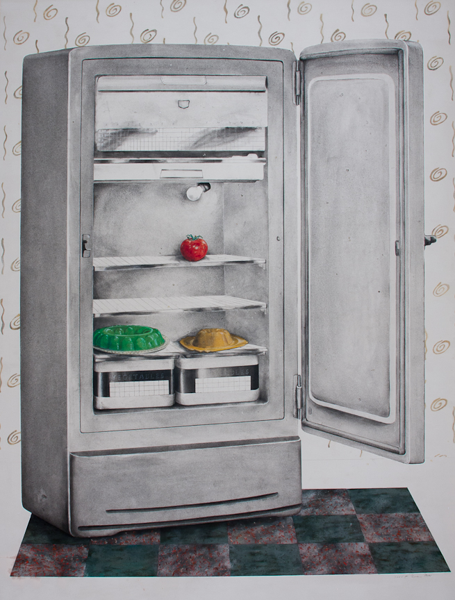   Good Housekeeping: Fridge   Charcoal, pastel, collage, on paper  51" x 38" 