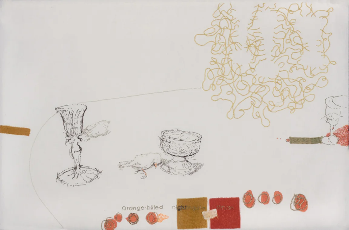 Communion #1 Hand embroidery, appliqué, fabric paint, cotton thread and ground 18.5" x 28"