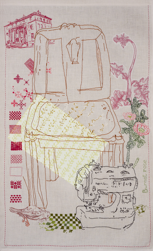   Rosa Spinosissima (Burnet Rose)   Hand embroidery, artist designed &amp; digitally printed fabric, linen ground  43 1/2" x 25 1/2" 