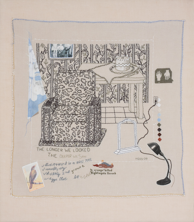   The Longer We Looked…   Hand embroidery, appliqué, cotton thread, linen ground  18” x 18” 