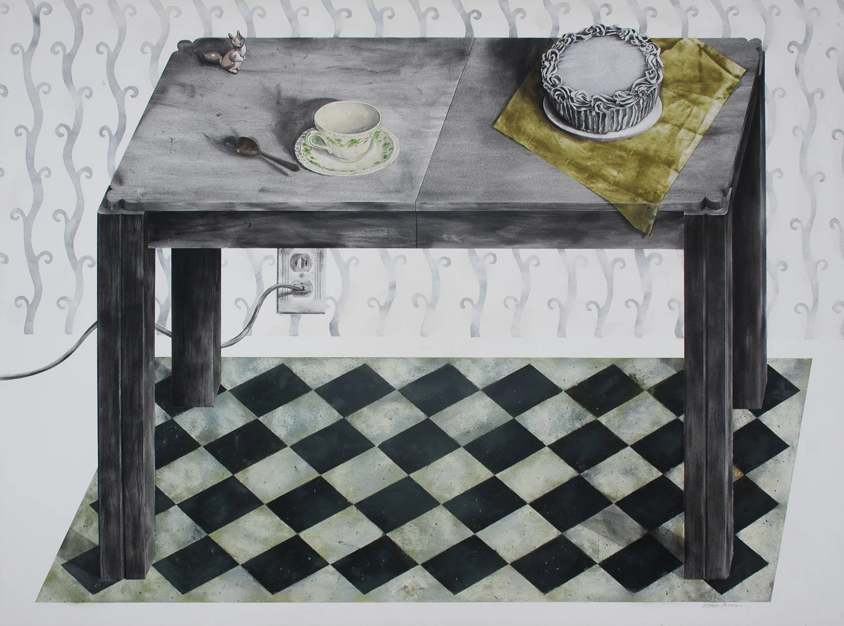 Good Housekeeping: Iowa circa 1952 (table) Charcoal, pastel, collage, spoon, on paper 38" x 51"