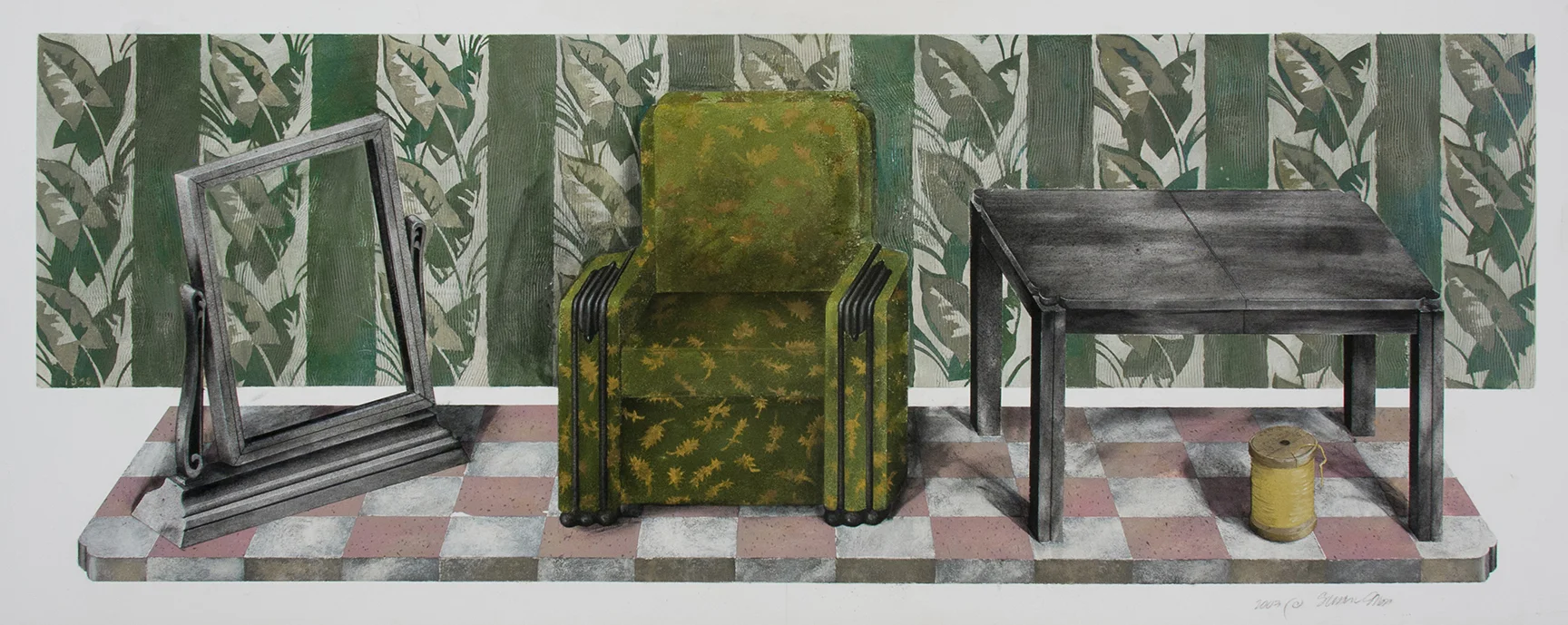 Good Housekeeping: 1948 Charcoal, pastel, collage, acrylic paint, on paper 20" x 50"