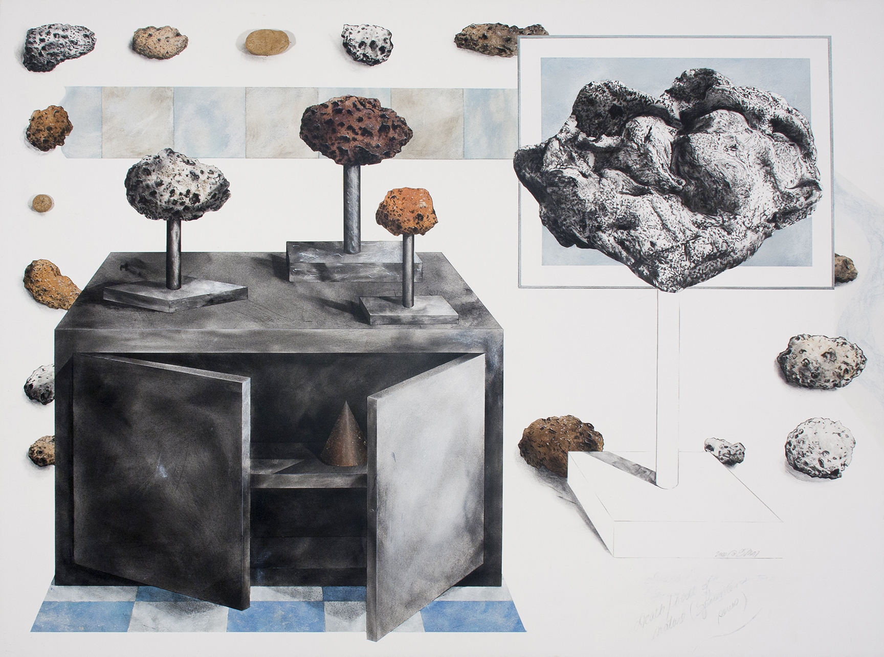   Specimens (Death/Birth)   Charcoal, pastel, collage, rock on paper  38" x 51" 