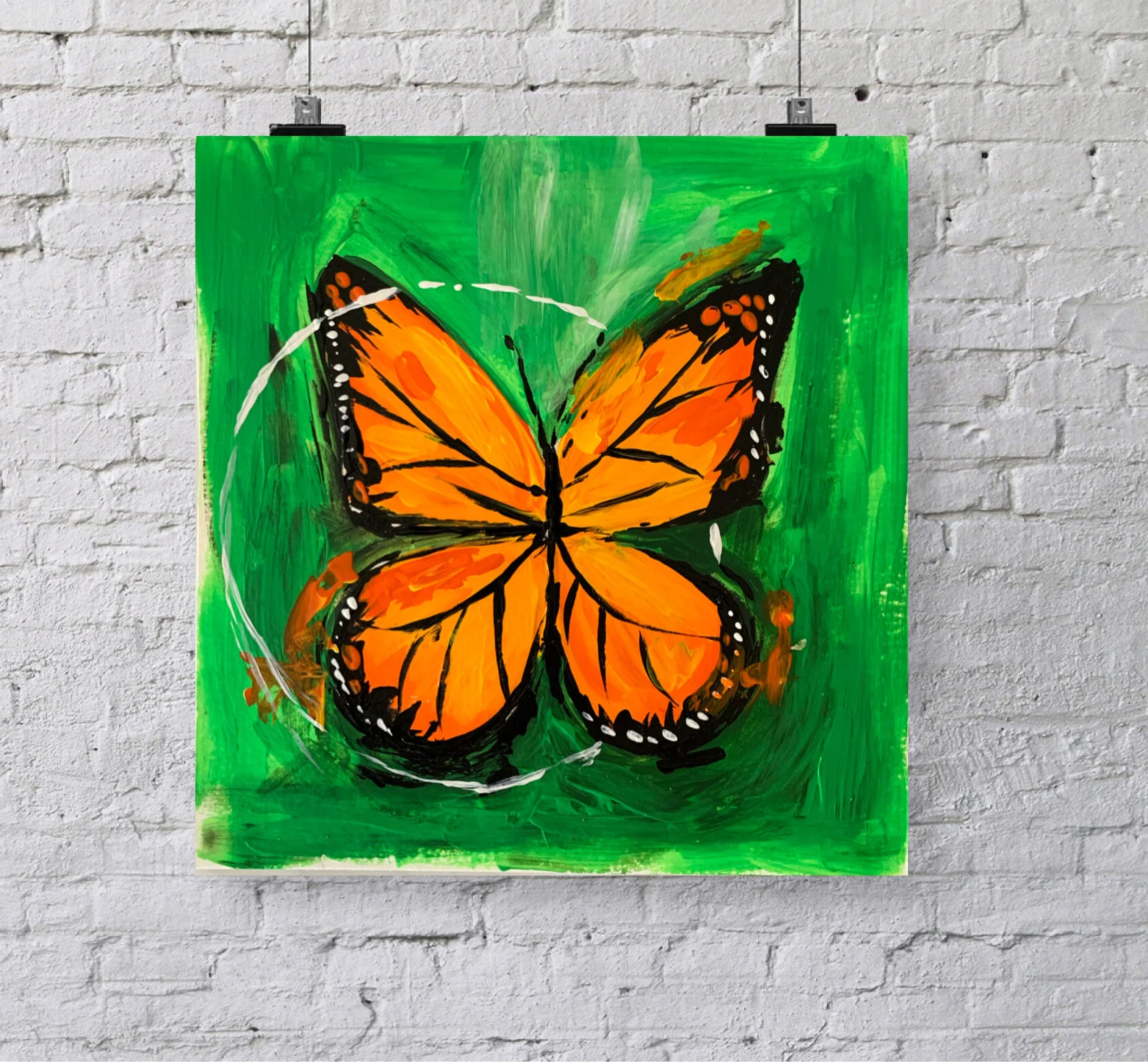 monarch butterfly orange green background white brick