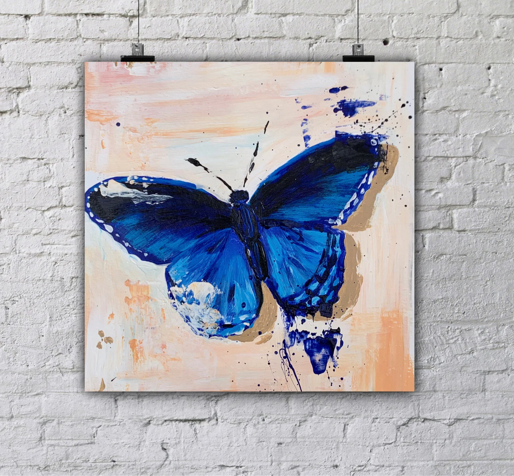 art print blue butterfly on peach background gallery white brick wall