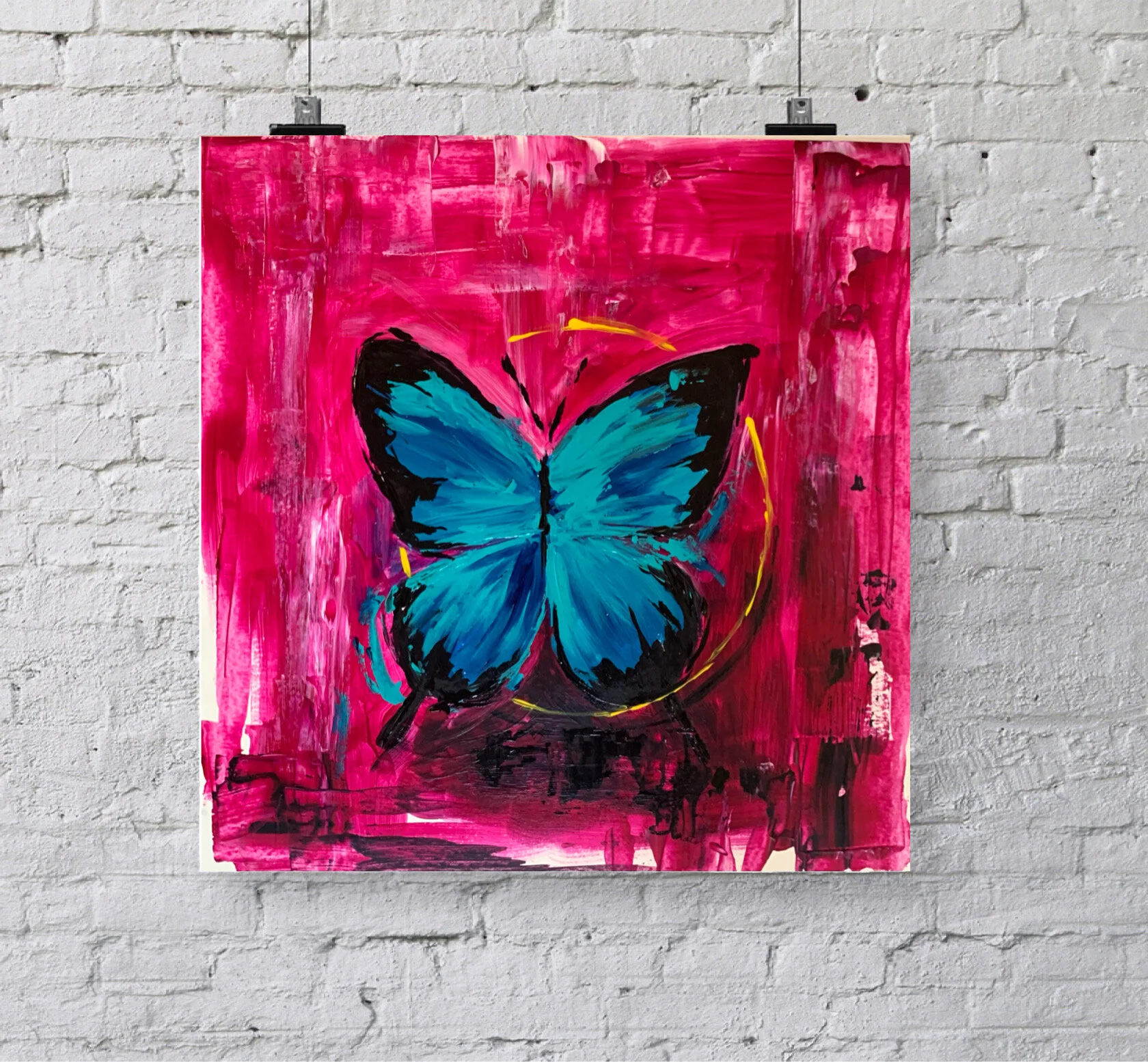 art print artwork blue butterfly red background gallery white brick wall