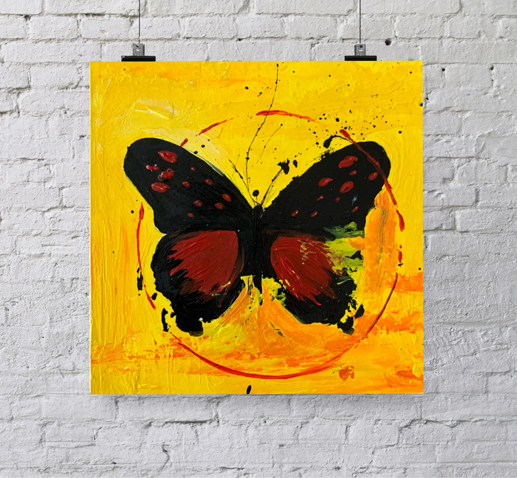 art print artwork black butterfly yellow background gallery white brick wall