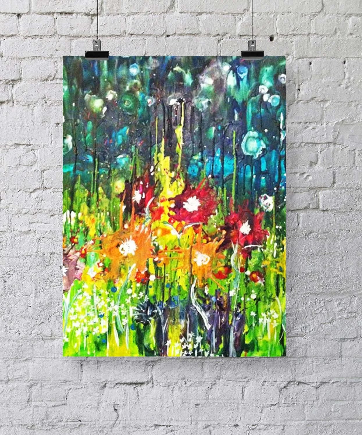 art print abstract garden colorful explosion flowers blue sky gallery brick wall