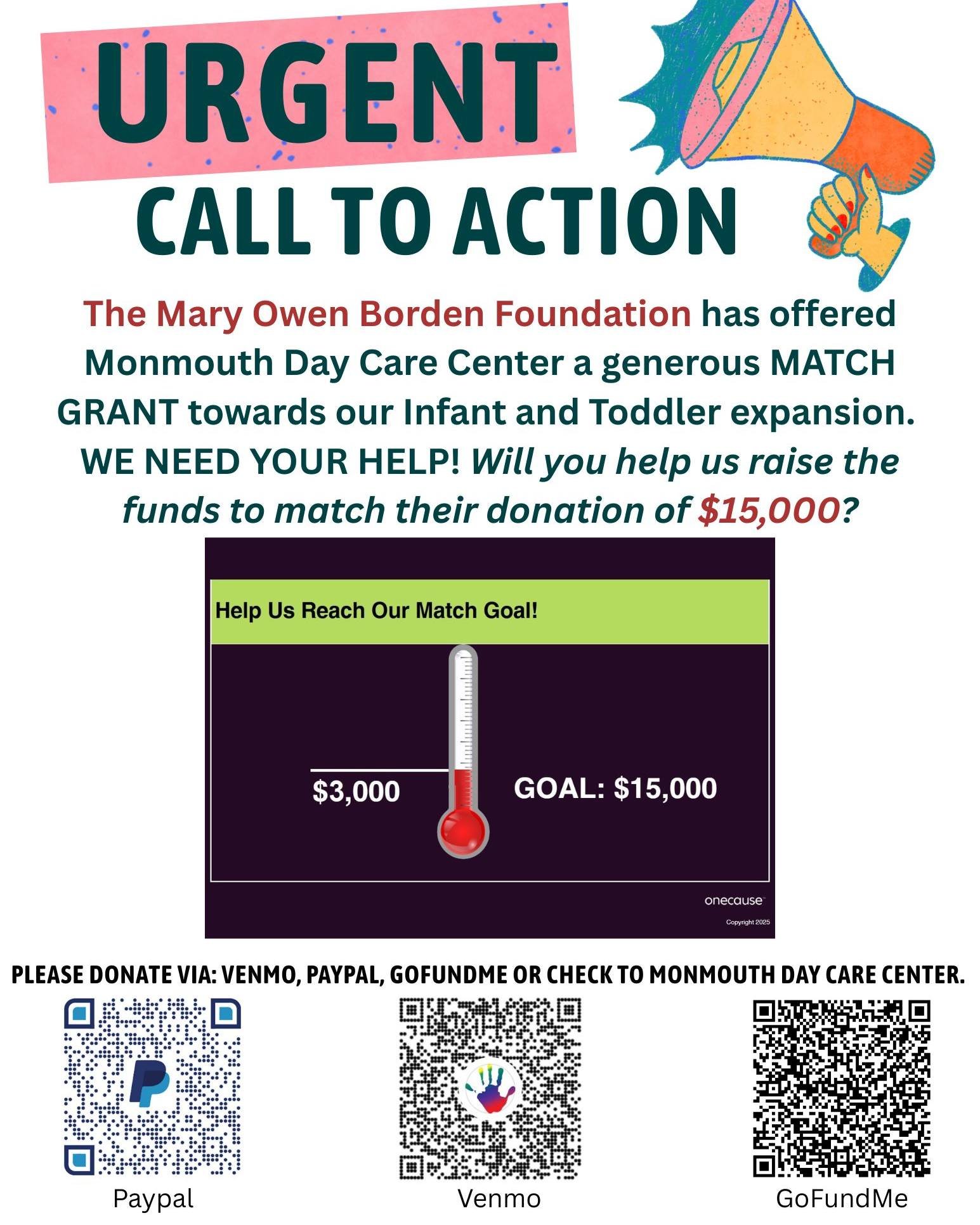 We are making the thermometer rise thanks to YOUR HELP! 
Every donation counts! No amount is too small to help us make a difference.💜
https://www.monmouthdaycare.com/donate