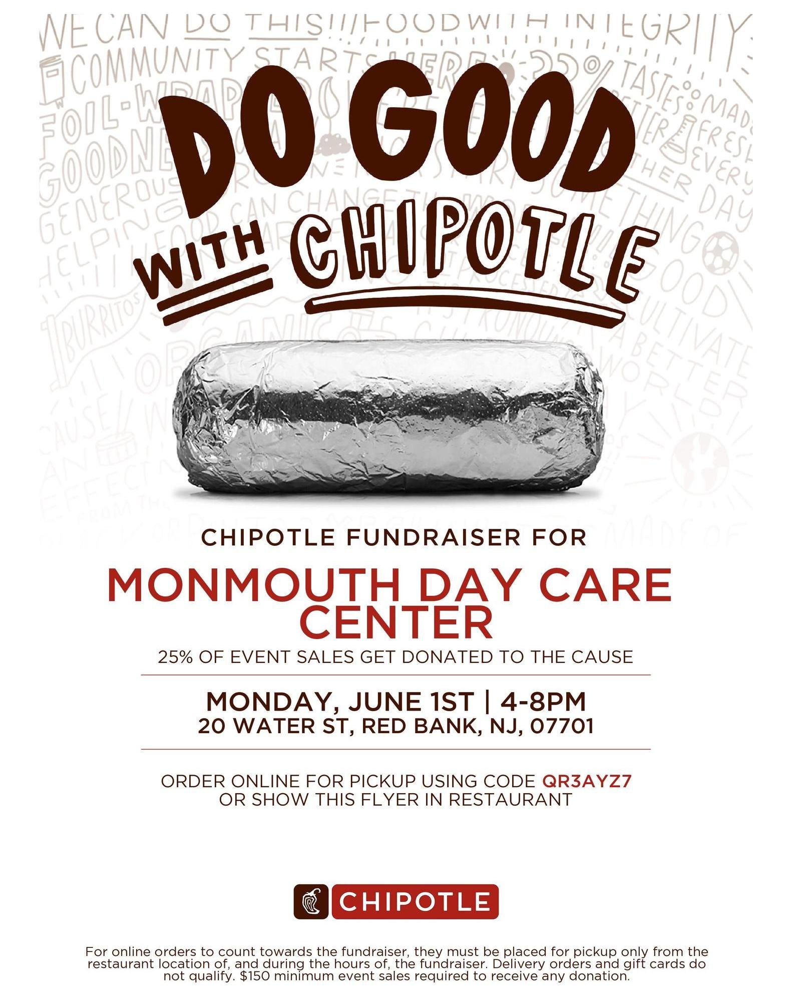 What better way to end Monday than with Chipotle for dinner!

Stop by the 20 Water St Chipotle location, or you can place an online order with our fundraising code QR3AYZ7. 

4PM-8PM! Be sure to mention MDCC at checkout and we will benefit from your 