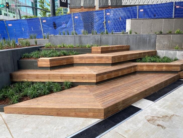  Camaru wood fully installed on the new seating area outside of 4th &amp; Commerce, prepped and ready to be stained 
