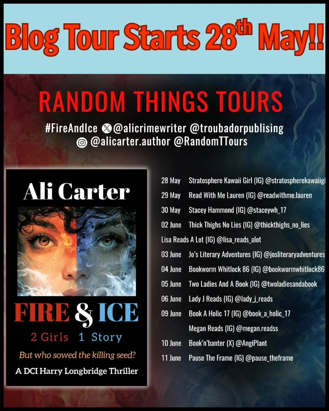 The fabulous @randomthingstours will be hosting the 'Fire &amp; Ice' blog tour starting Wednesday 28th May!! Very excited to be working with @annecater14 and some of her wonderful bloggers once again - just 6 days to go till the fun starts!! 🤩  @str