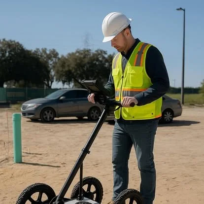 Technician operating ground penetrating radar unit