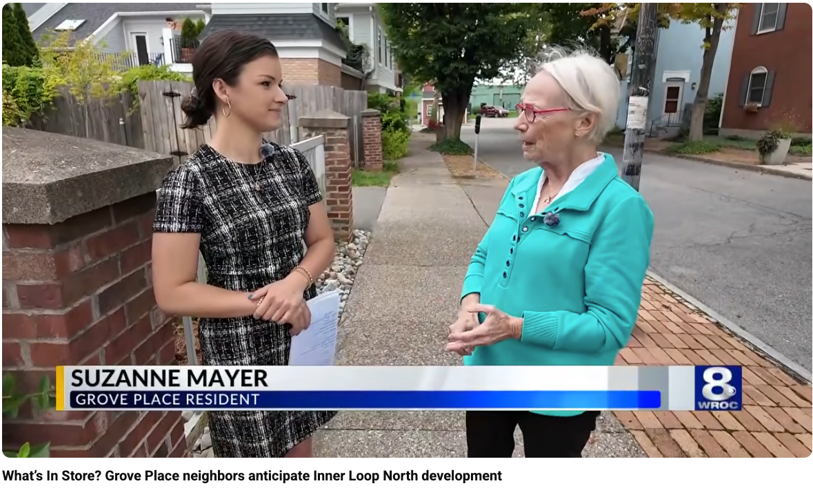 A screenshot of Suzanne Mayer speaking to the news about the Inner Loop North