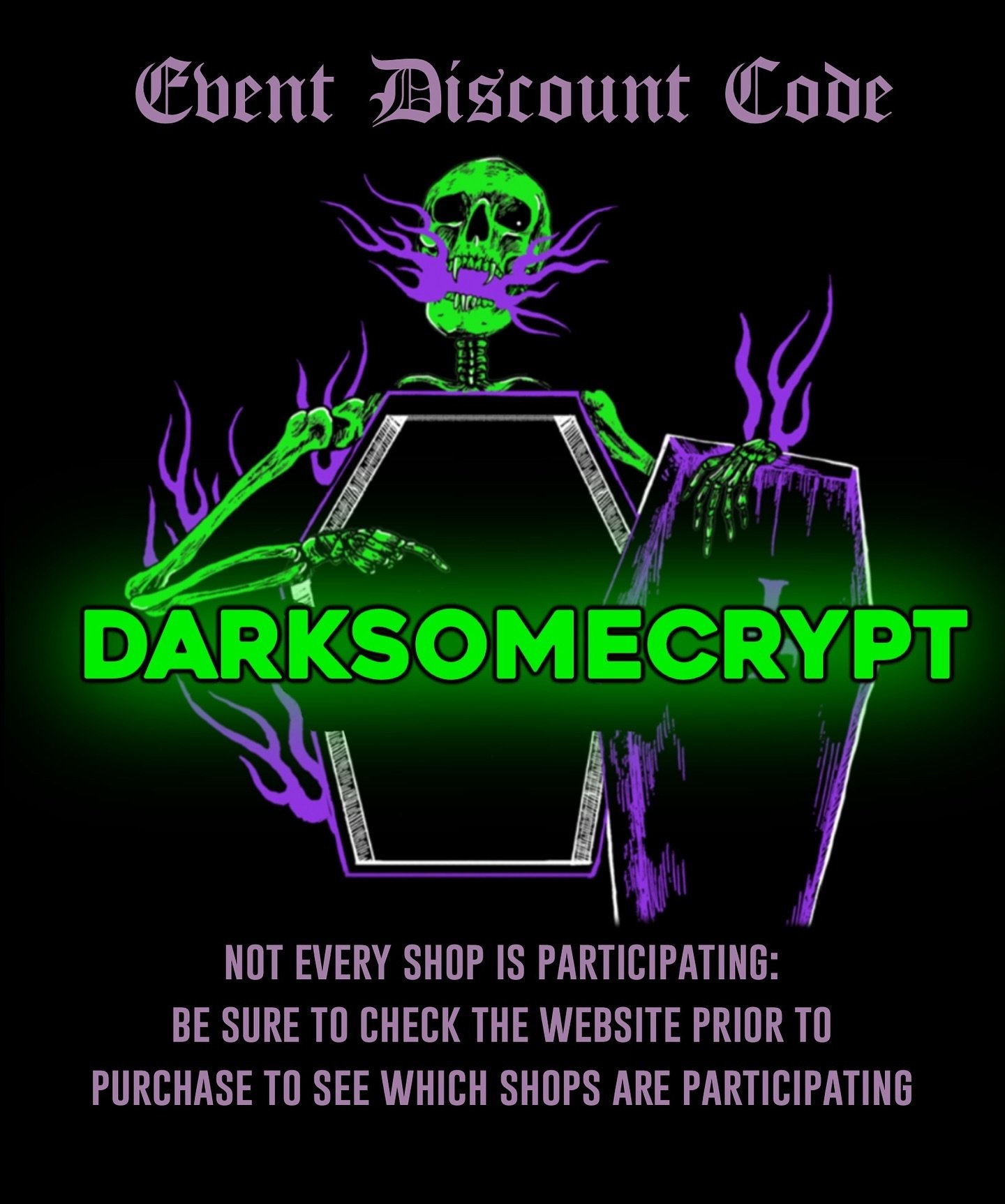 ⚠️ SALE CODE ONLY VALID DURING THE EVENT 4/26-4/28 ⚠️

Many of our artists will be offering a discount using the event discount code: DARKSOMECRYPT. Check out the website to see the specific sales participating artists are offering!

#darksome #darks