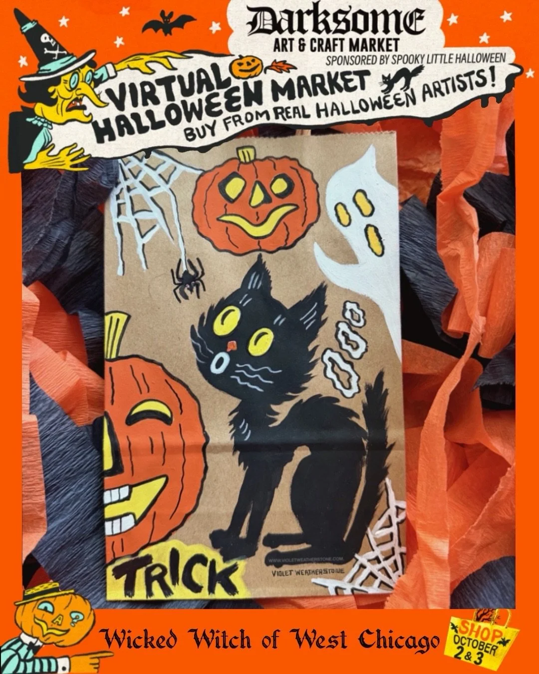 ᐯIᖇTᑌᗩᒪ ᕼᗩᒪᒪOᗯEEᑎ ᗩᖇT ᗰᗩᖇKET 🎃 Artist Announcement 🎙️ @wickedwitchofwestchicago 

Our flyer artist Violet Weatherstone is an illustrator creating works on paper with a vintage aesthetic focusing on nostalgic Halloween themes and imagery. 

👉 Ditch